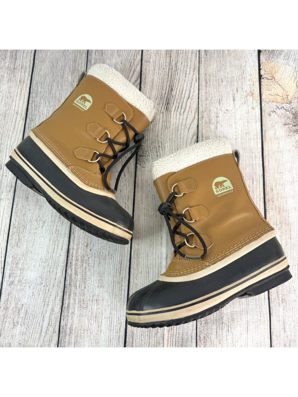 Sorel Caribou Winter Boots Buff Waterproof Nubuck Leather Youth Big Kids Size 5